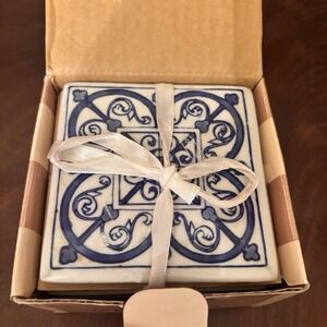 Bombay Company Blue White Porcelain Tile Coasters Set of 6 4" Square NIB Vintage